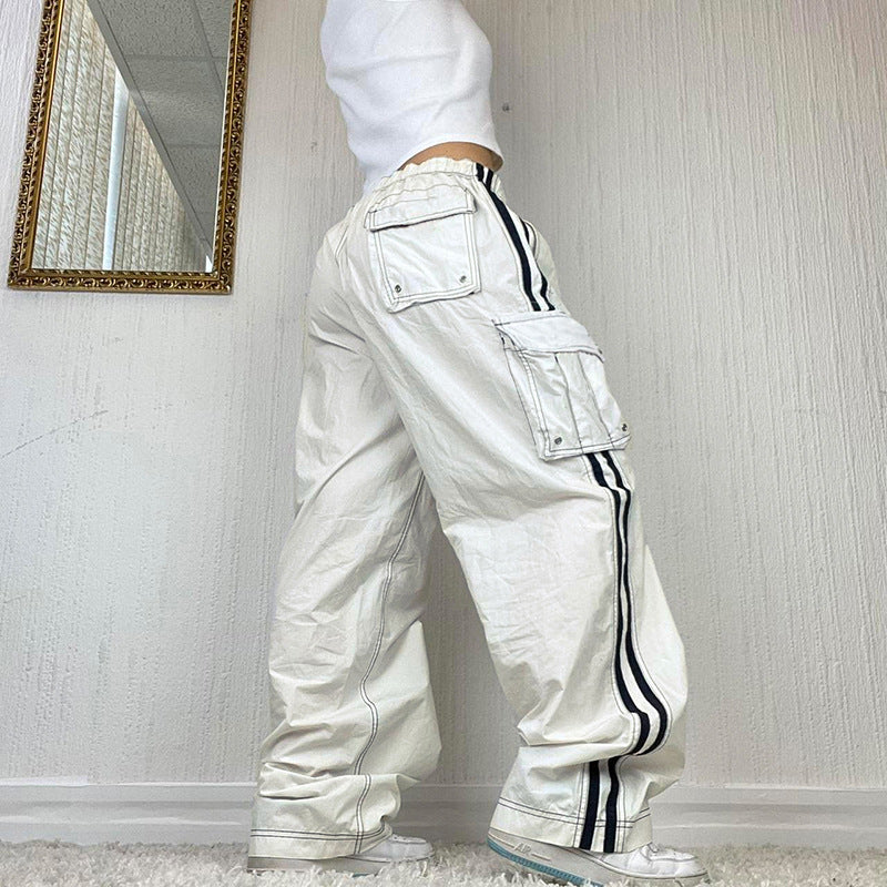 Drawstrings White/Black Ribbon-Pocket Stitching Straight Leg Pants Jeans