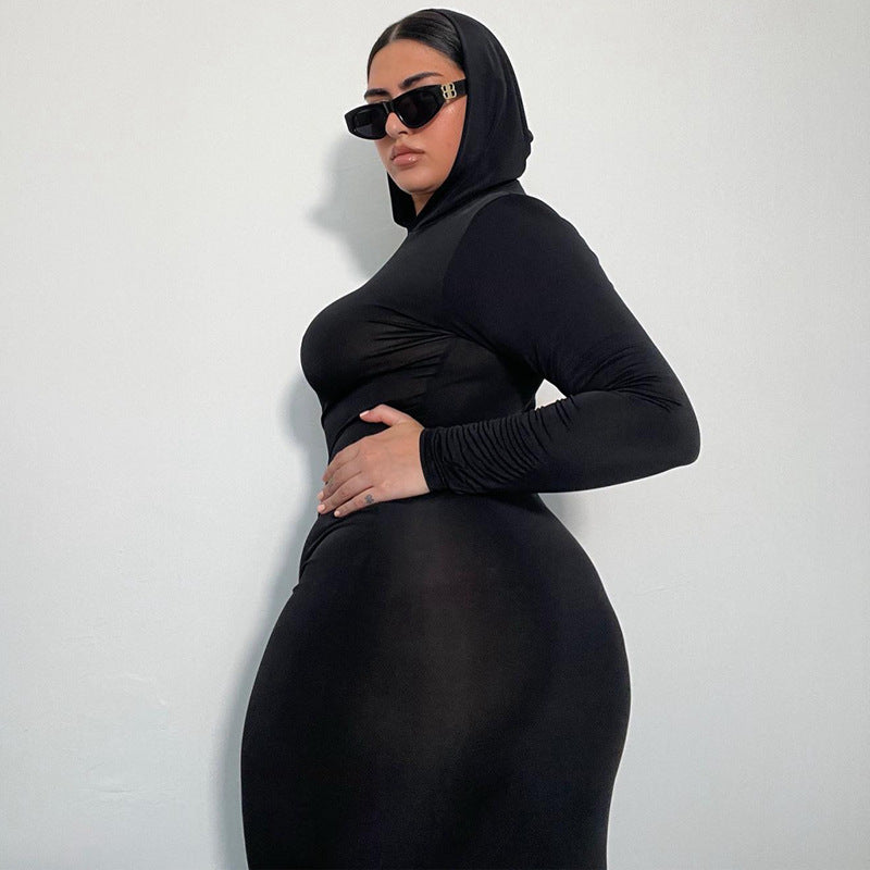 Slim-Fit Dress - Solid Color Hooded Long Sleeves (7516661874776)