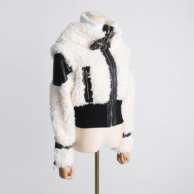 Faux Leather Lamb Wool Outer-Stitching Jacket Coat