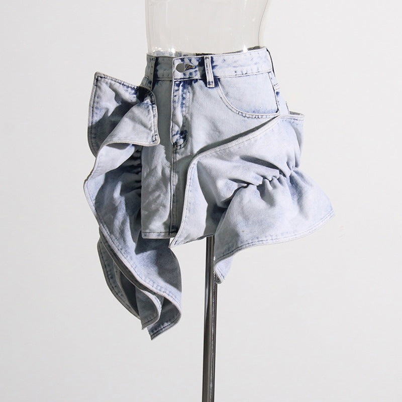 Ruffled Patchwork High-Waisted A-Line Denim Skirt (7519213224024)