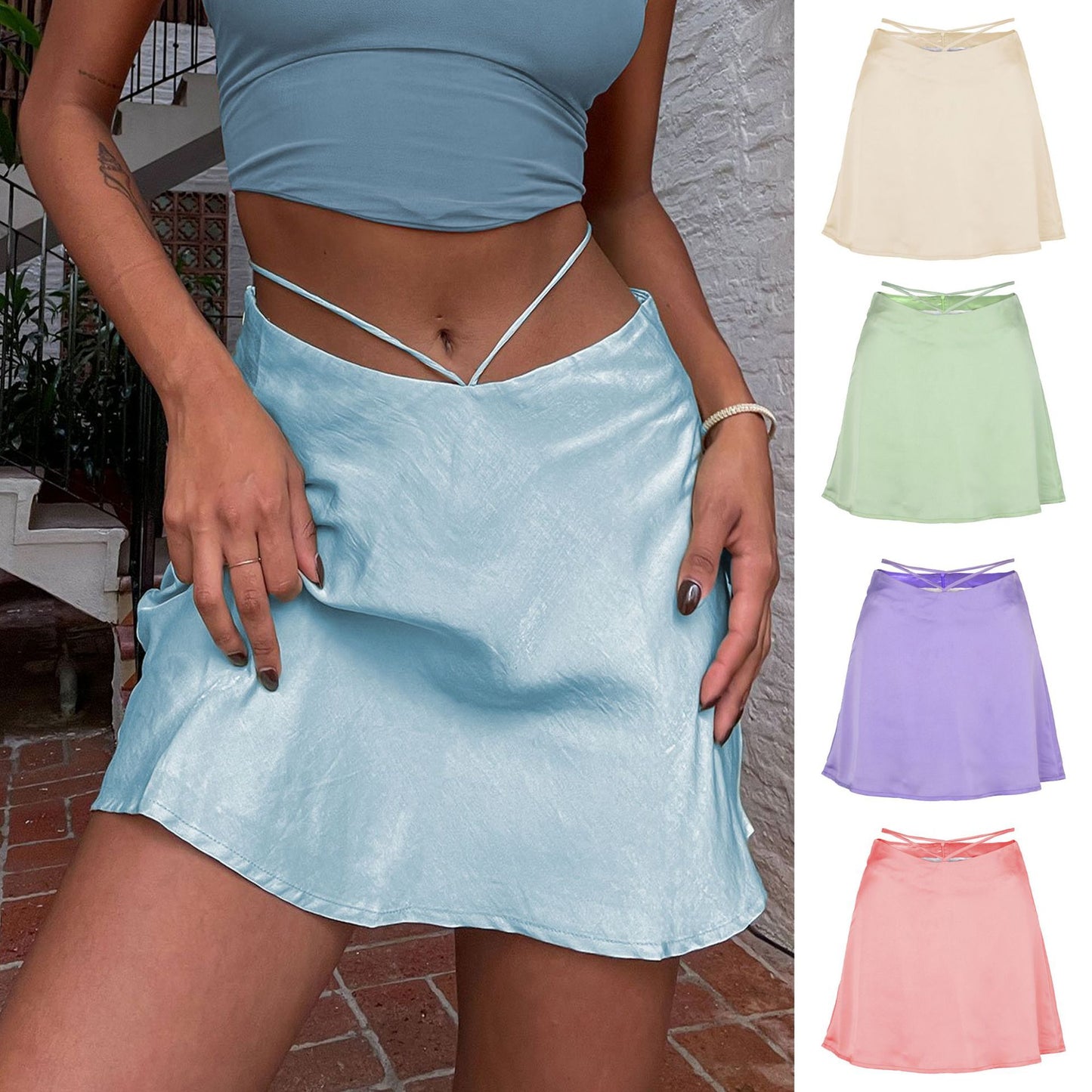Solid Color Lace-Up Zip Satin Skirt
