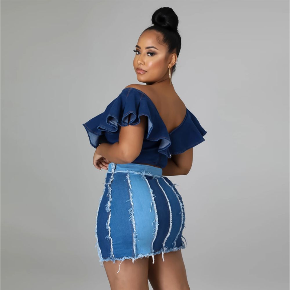 Off-Stitching High-Waist Denim Skirt (7522338275416)