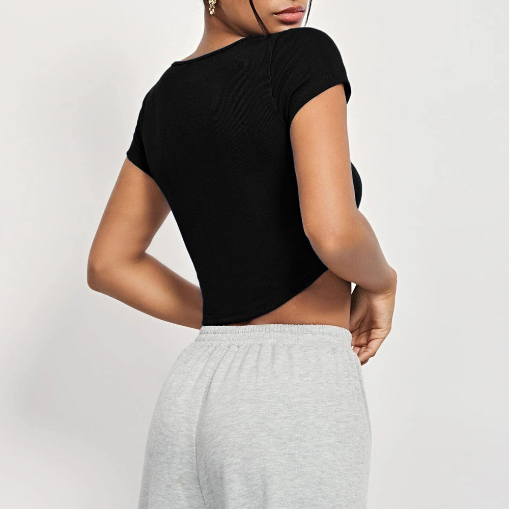Square Collar Knitted Short Sleeves Crop-Top