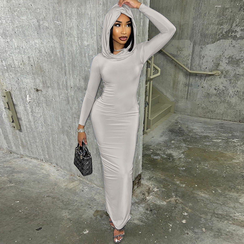 Hooded Dress - Slim-Fit Back-Slit Solid Color (7516658925656)