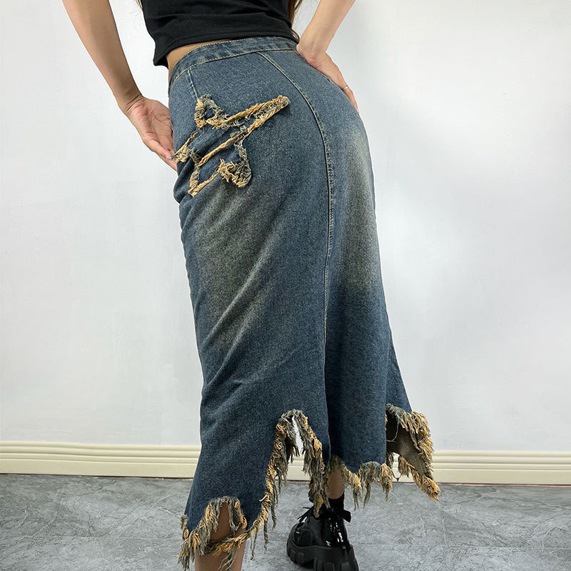 Retro High-Waist Asymmetric A-Line Star-Stitch Denim Skirt (7522342043736)