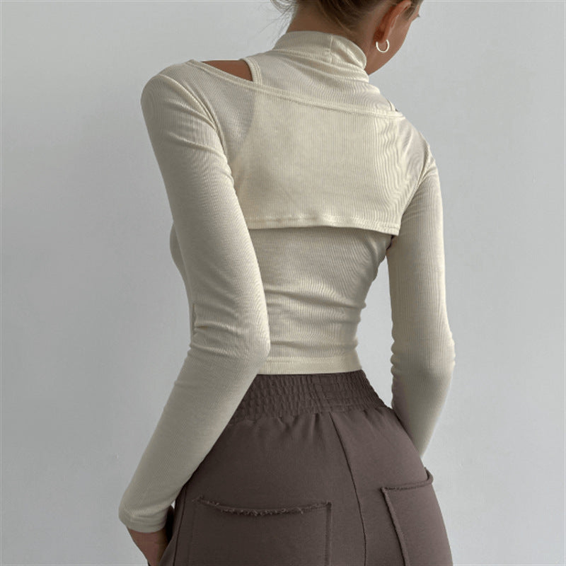 Two-Piece Inner-Half Solid Color Long Sleeves Vest Top