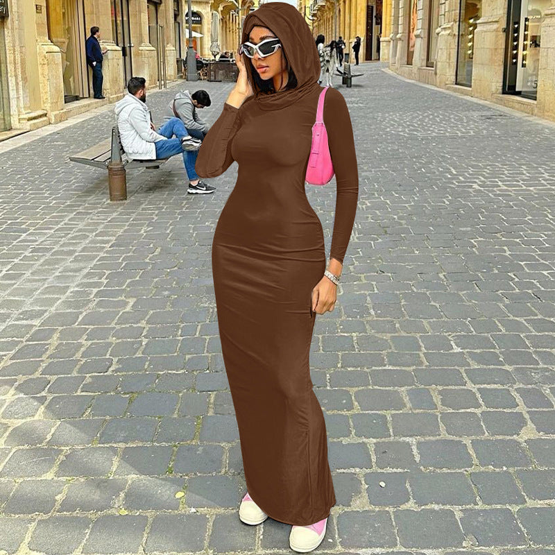 Hooded Dress - Slim-Fit Back-Slit Solid Color (7516658925656)