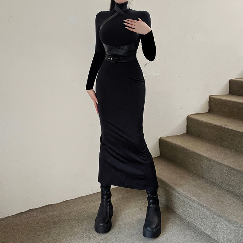 Maxi Wrap-Leather Detail Dress