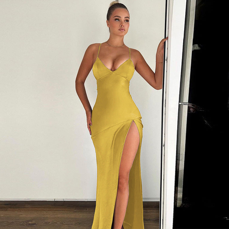 Backless V-Neck Tie-Lace Slit Dress