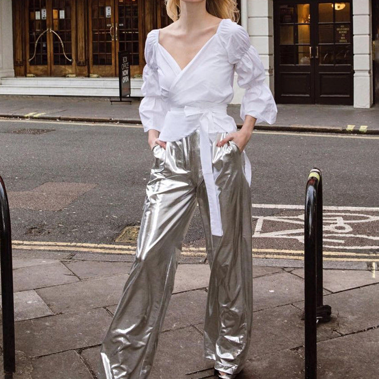 Metallic Coated High-Waist Faux Leather Pants