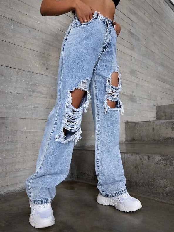 Retro High-Waist Distressed-Washed Straight Denim Jeans