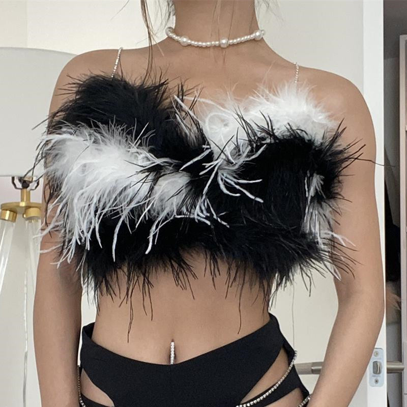 Off-Shoulder Zip-Up Furry Tube Top (7517921017944)