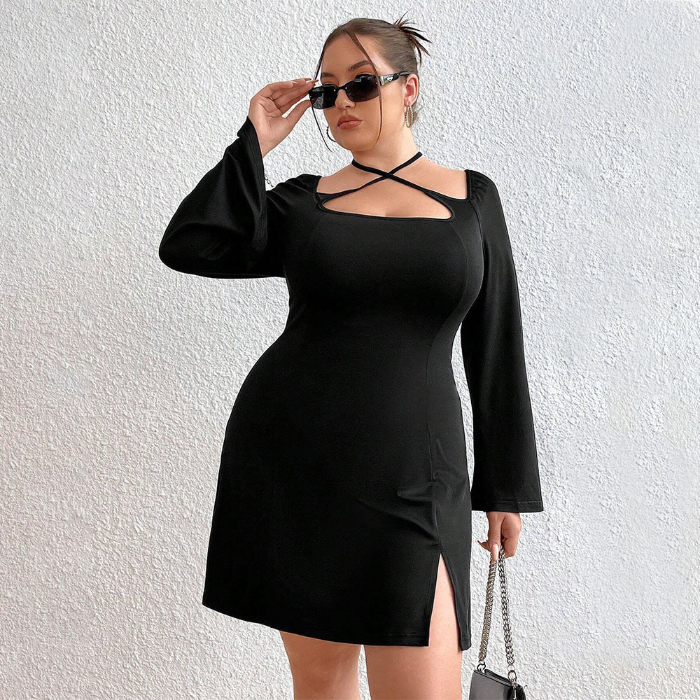 Plus-Size Long-Sleeves Tie-Back Tight Dress (7516664168536)