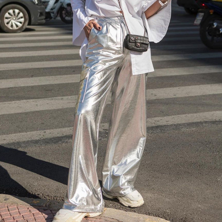 Metallic Coated High-Waist Faux Leather Pants