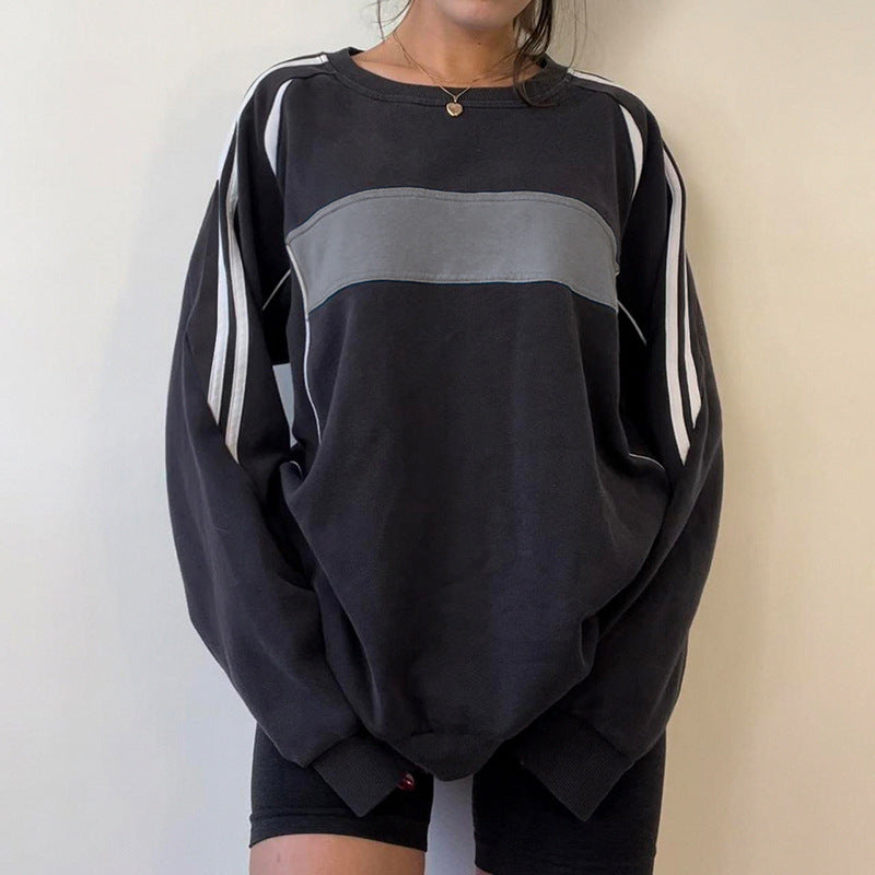 Basic-Blouse-T - Basic-All-Matching Loose Sweatshirt T-Shirt Striped Contrast Color Round Neck Pullover Top (7517819338840)