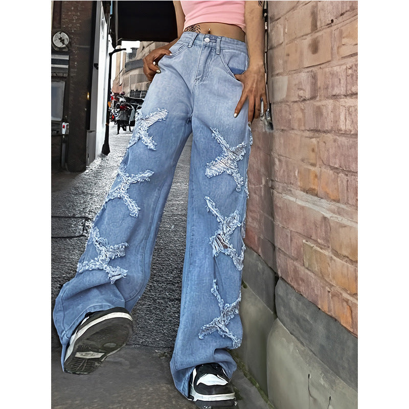 Straight Loose Frayed Denim Jeans (7524740530264)