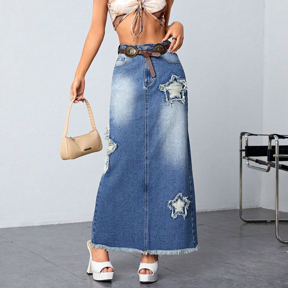 Frayed - High-Waist Slit Jeans No Belt Stars Denim Skirt (7522338209880)