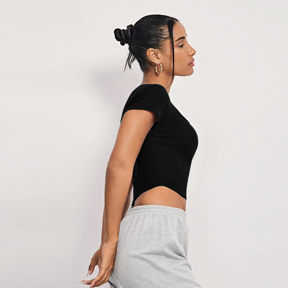 Square Collar Knitted Short Sleeves Crop-Top