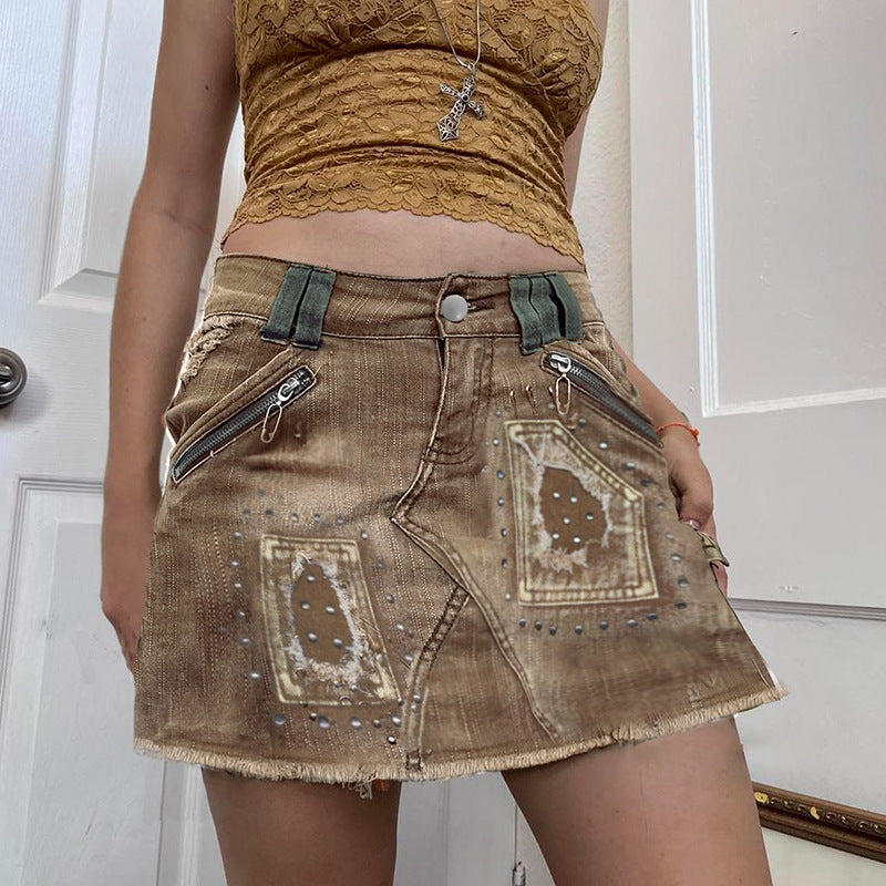 Retro Soil Abstract Rivet Split-Stitching High-Waist Raw Hem Short Denim Skirt (7522338439256)