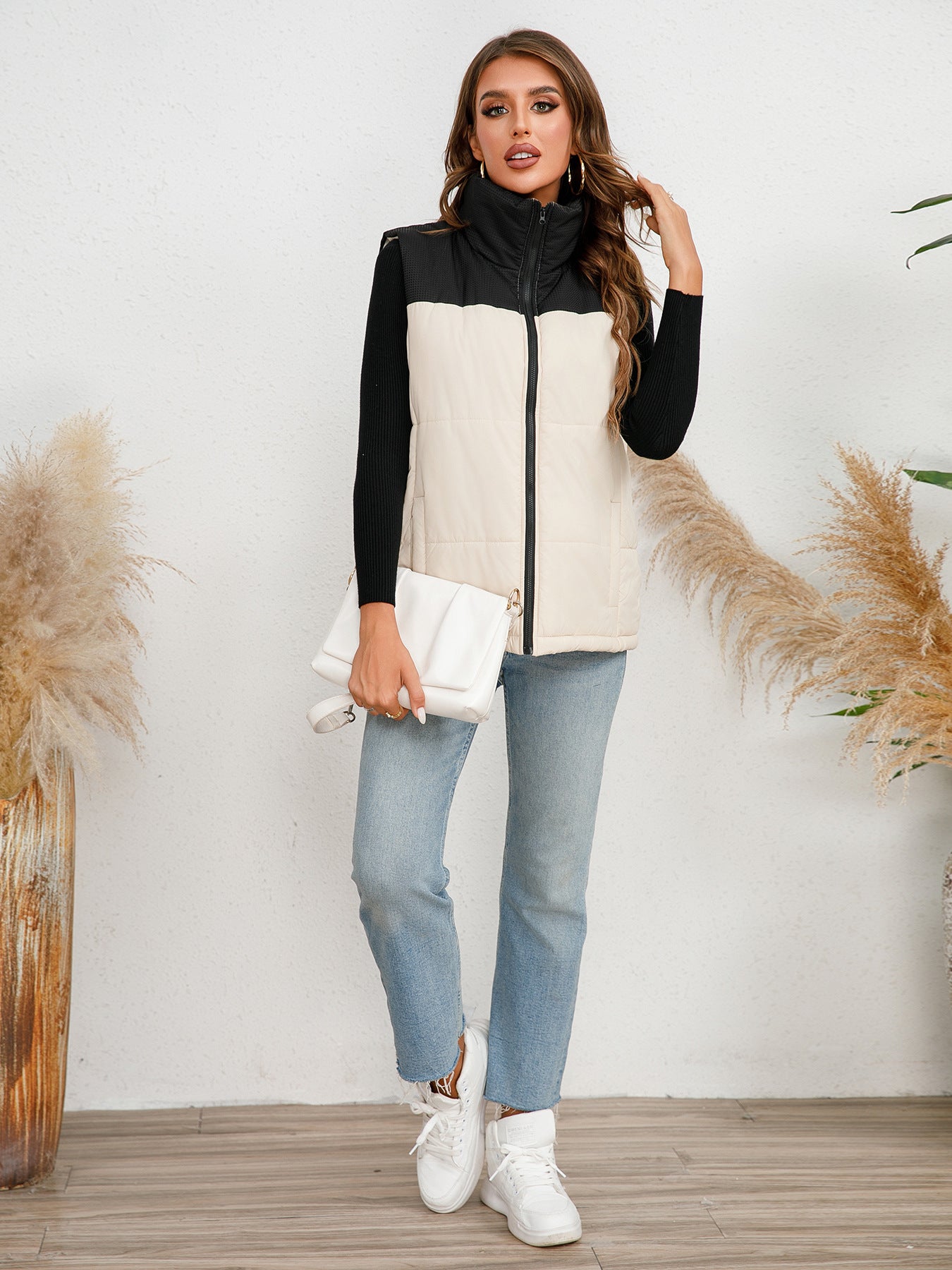 Stand-Collar Color Block Vest Coat