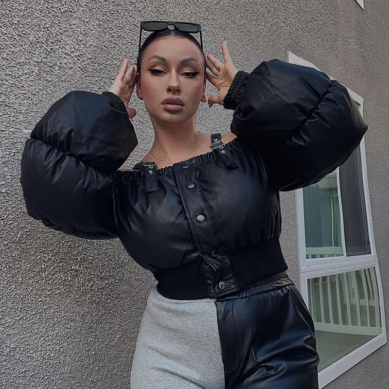 Jacket So Comfy - Adjustable Shoulder Straps Off Neck Puff Sleeve Waist Trimming Short Cotton Padded Jacket (7516641329240)