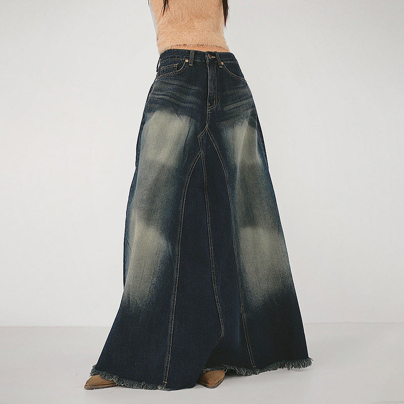 Retro High-Waist Vertical Stripe Distressed & Frayed Fishtail Denim Skirt (7522342076504)