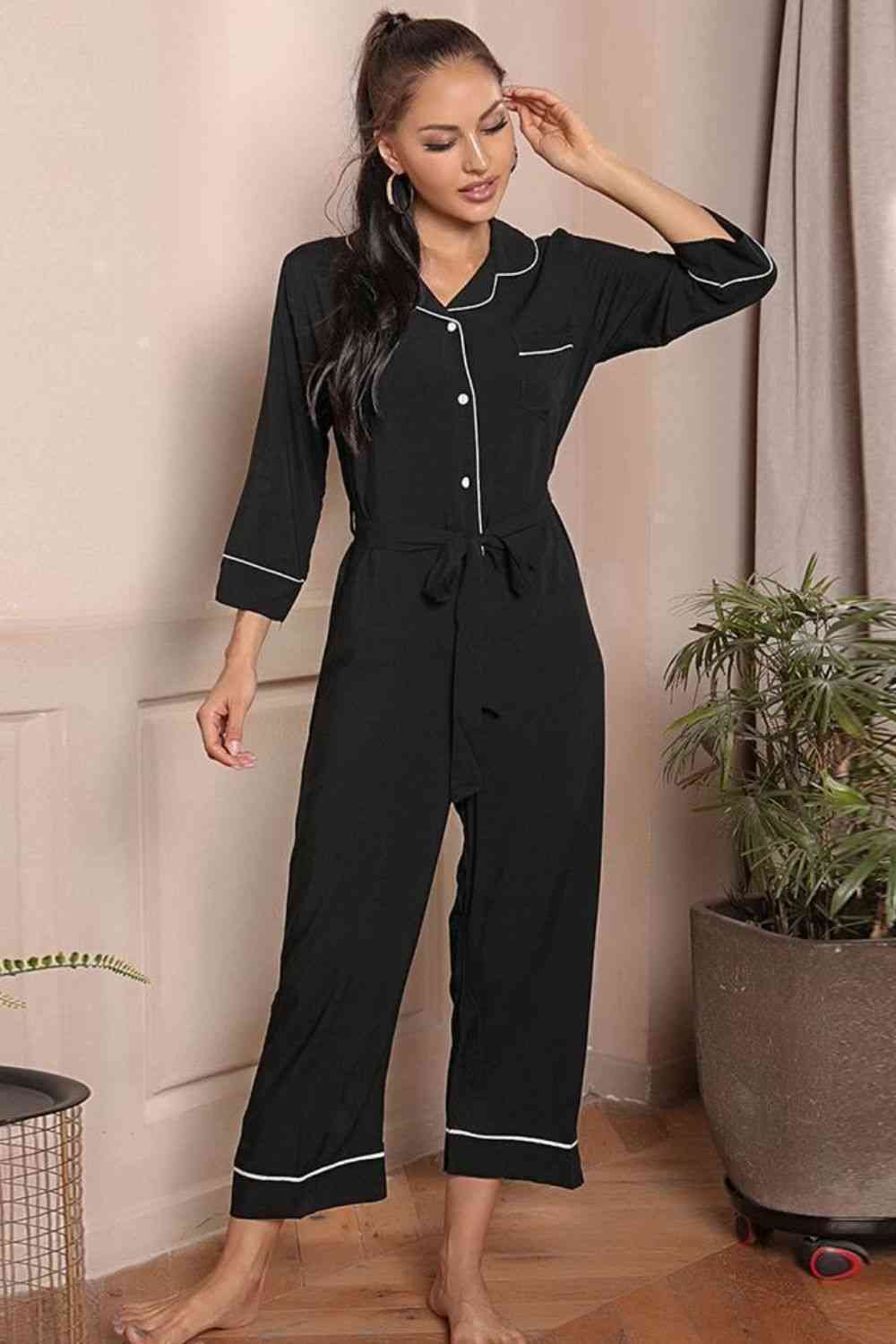 Pajama Time - Contrast Belted Lapel Collar Jumpsuit (7484716548184)