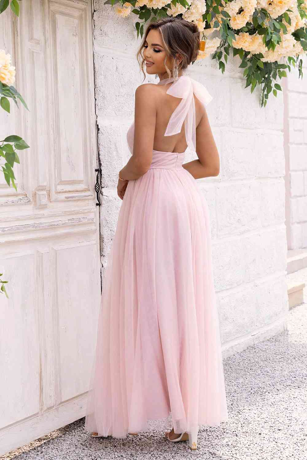 Bow-Knot - Halter Neck Backless Mesh Dress (7515494875224)