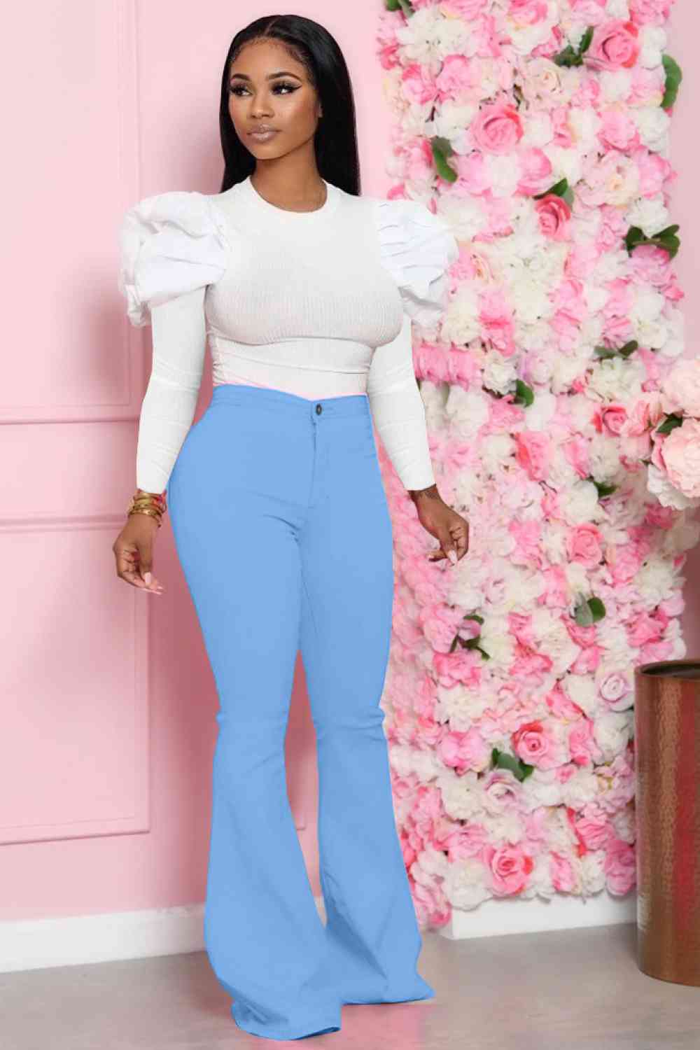 Leg-Of-Mutton - Sleeve Top and Flare Pants Set (7484247179352)