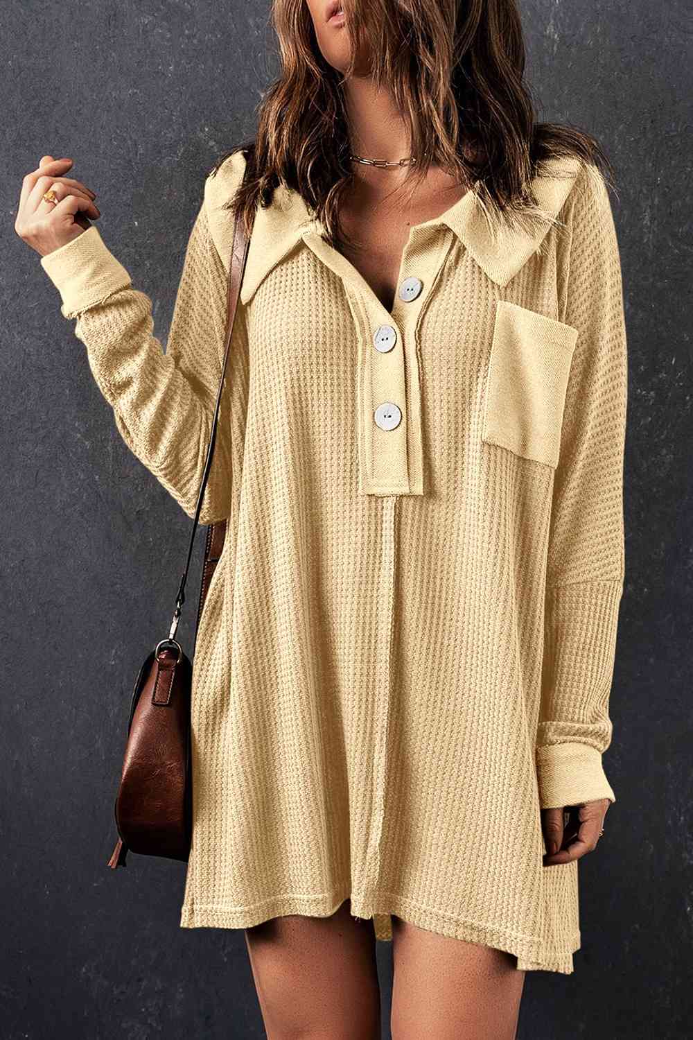 With Pocket - Waffle Knit Buttoned Long Sleeves Top (7501322911832)