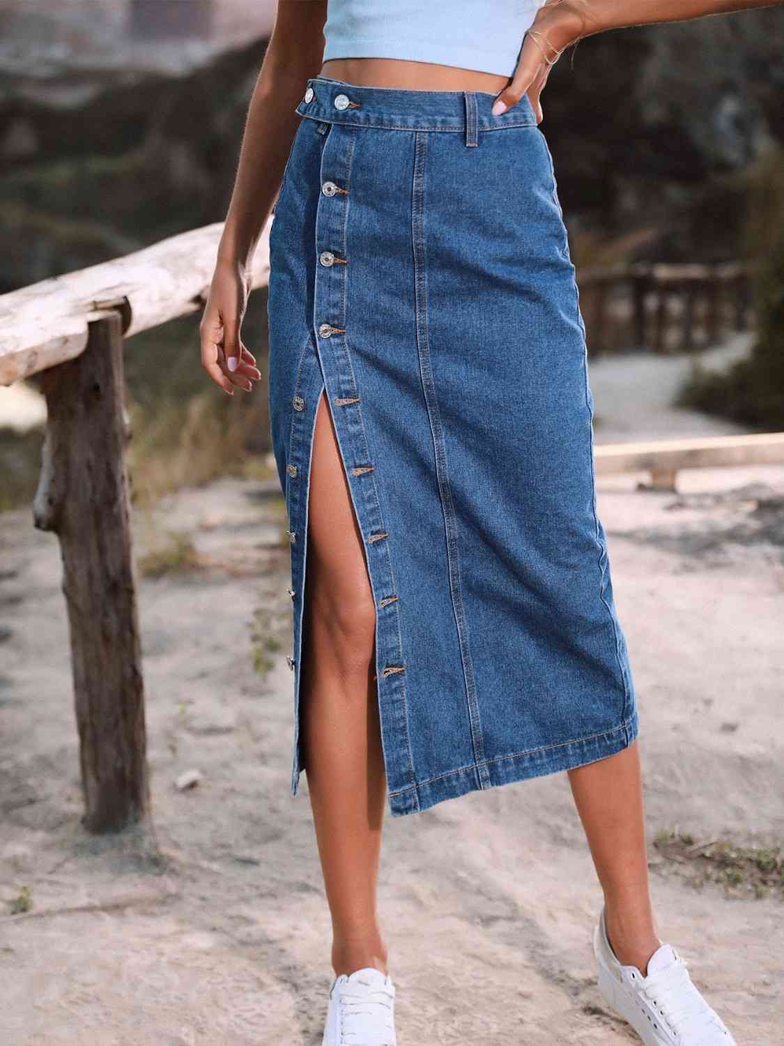 Denim - Button Down Denim Skirt (7486619025496)