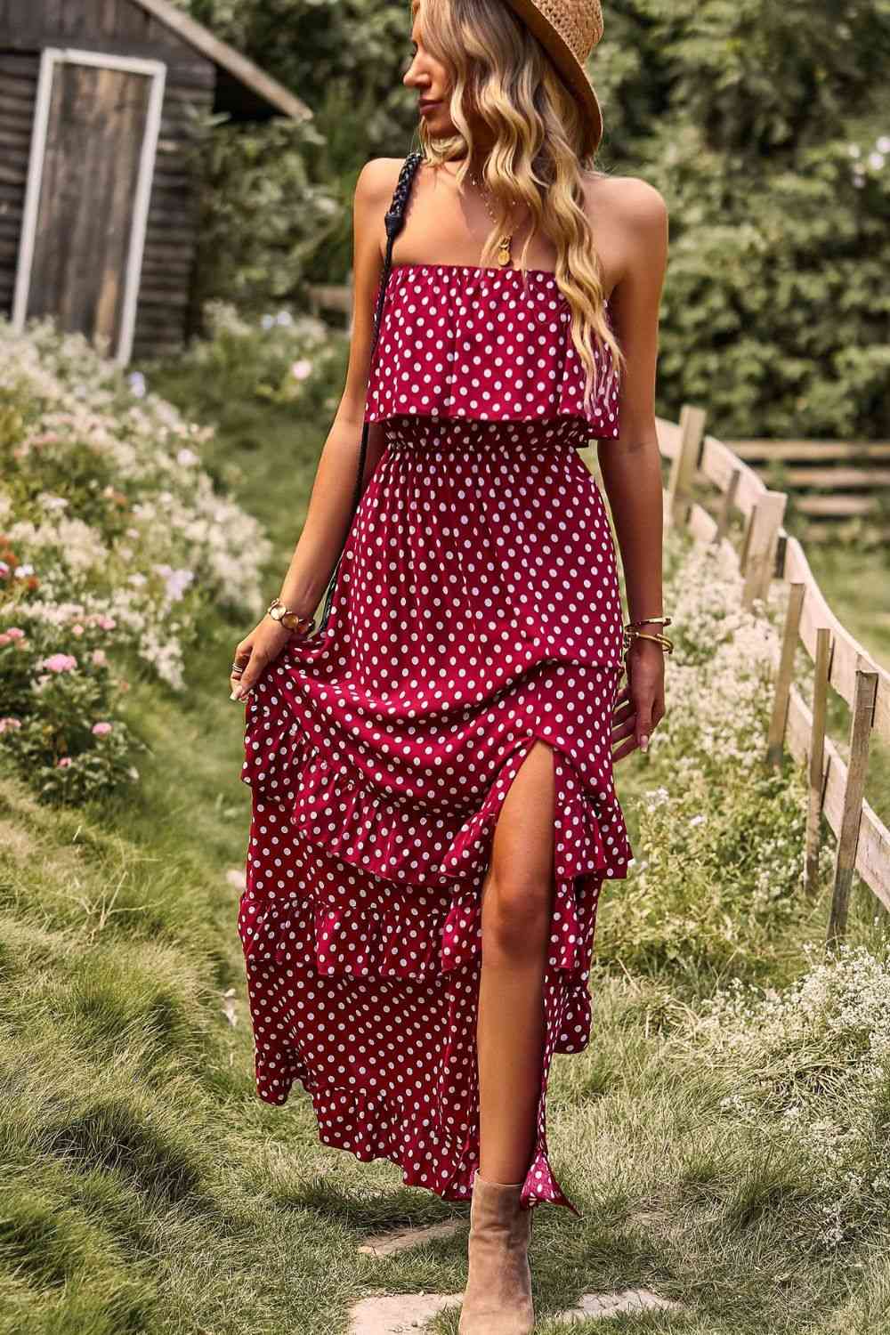 Polka Dot Strapless Slit Ruffled Maxi Dress (7515558805592)