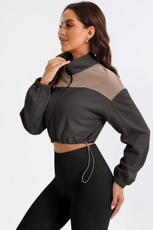 With Drawstrings - Contrast Drawstring Zip-Up Jacket (7484295970904)