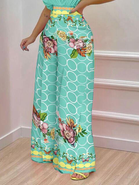 Printed Surplice Top & Wide Leg Pants Set (7484243705944)