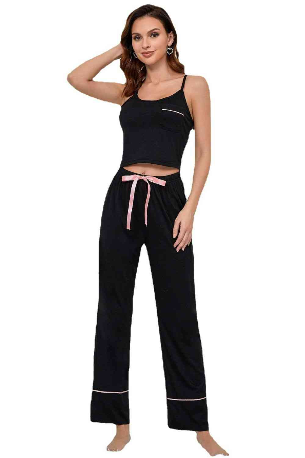 Pajam - Contrast Trim Cropped Cami and Pants Loungewear Set (7501479182424)