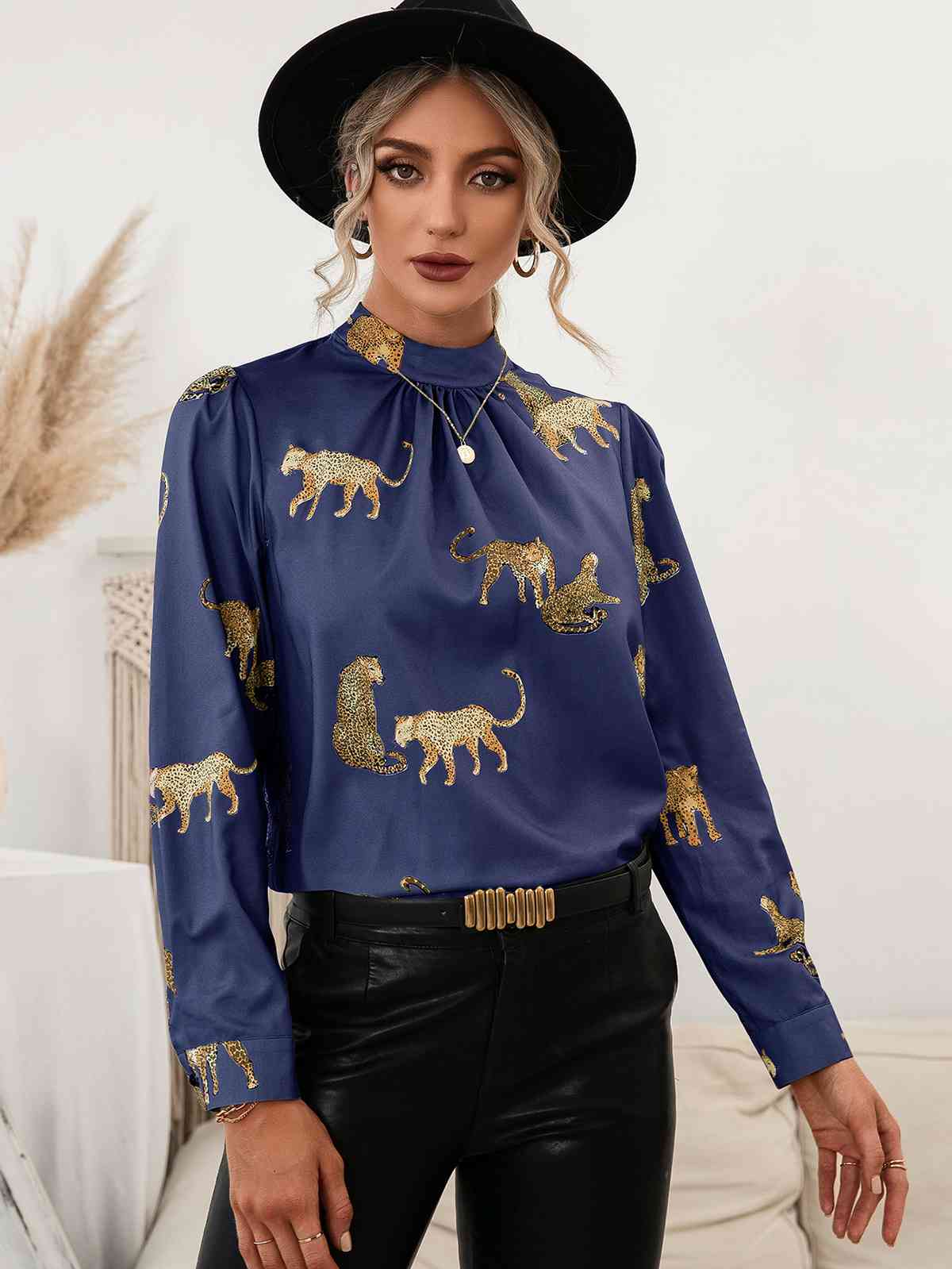 Leopard Graphics - Mock Neck Puff Sleeve Blouse (7501318488152)