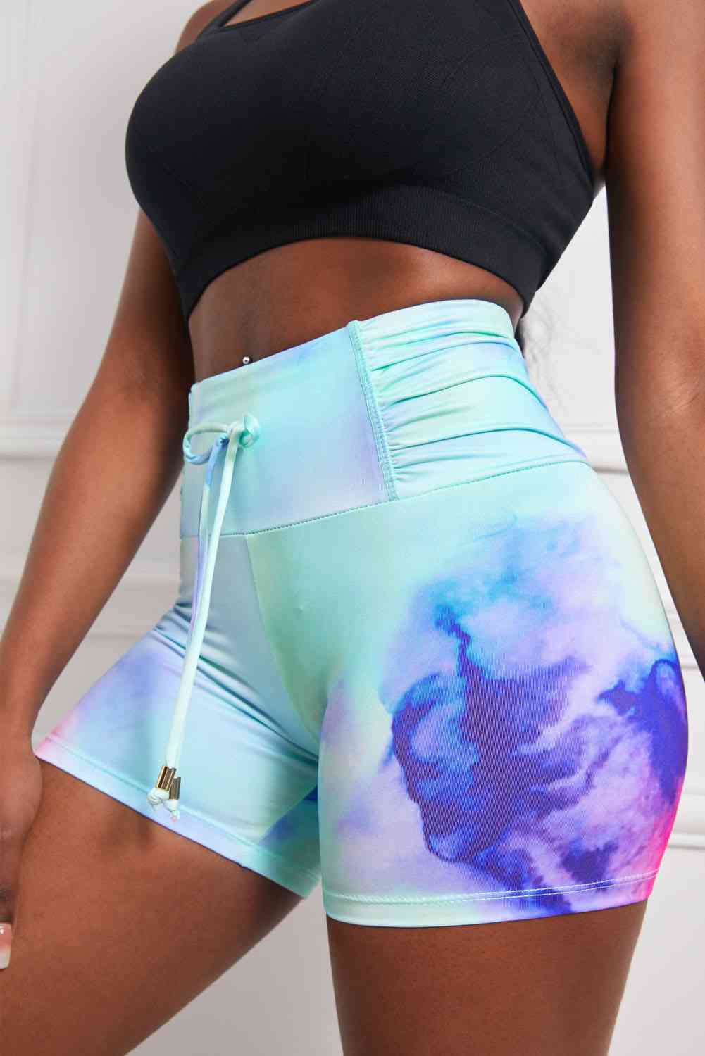 Tie-Dye Tie - Detail Ruched Sports Shorts (7500859932760)