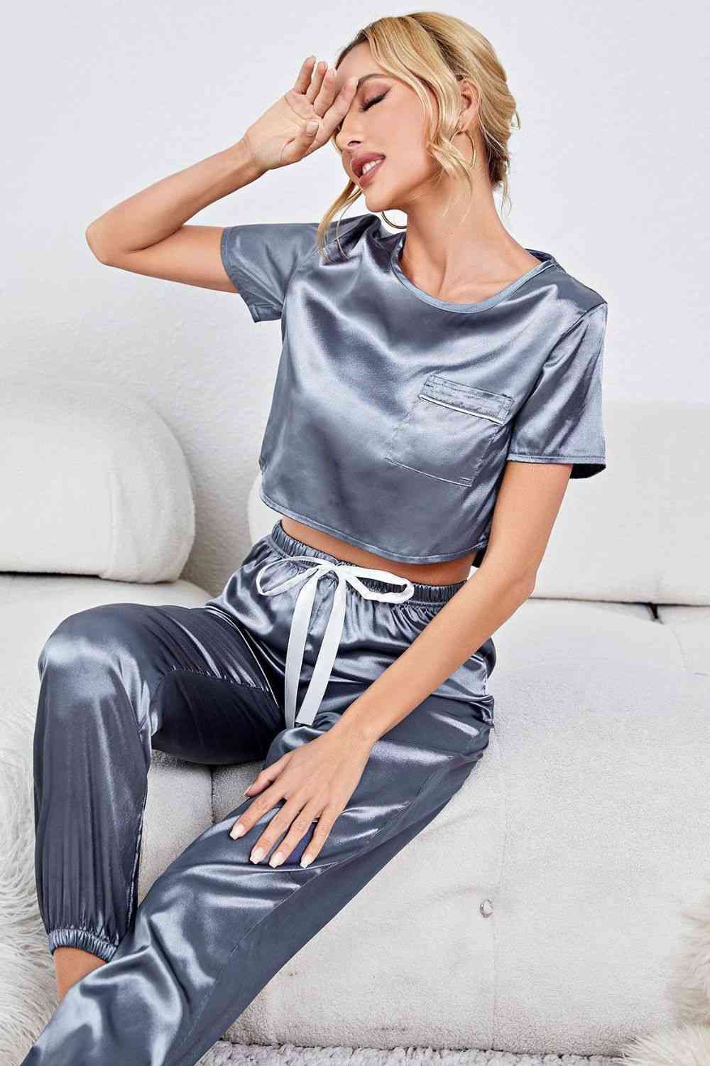 Satin Short Sleeves Crop-Top & Joggers - Lounge Set (7501481508952)