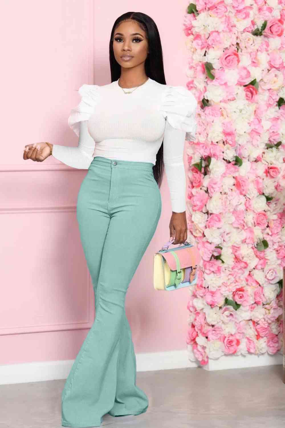 Leg-Of-Mutton - Sleeve Top and Flare Pants Set (7484247179352)