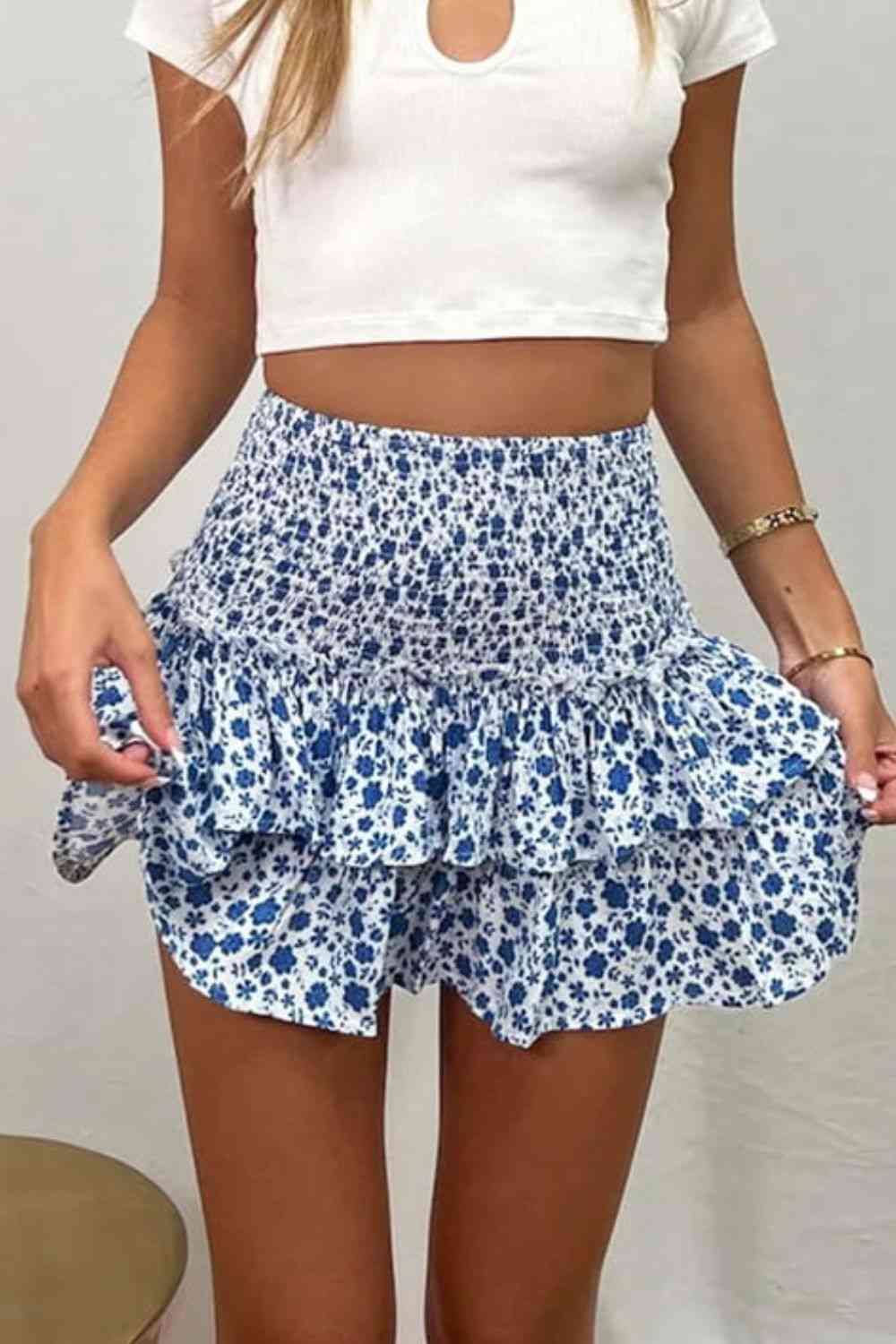 Printed Frill Trim Smocked Mini Skirt (7500878348376)