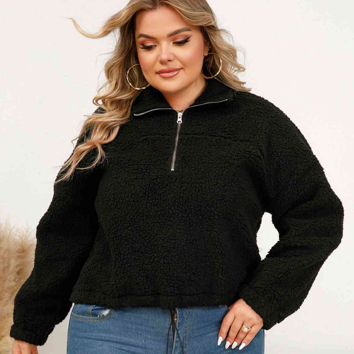 Plus-Size Collared Neck Half Zip Sweatshirt (7484761210968)