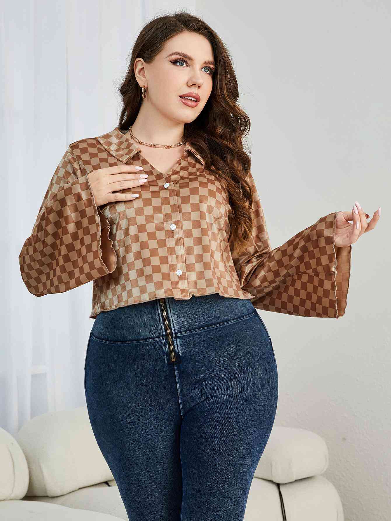 Plus-Size Checkered Johnny Collar Flare Sleeve Shirt (7484804923480)