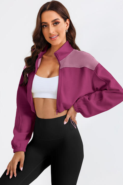 With Drawstrings - Contrast Drawstring Zip-Up Jacket (7484295970904)