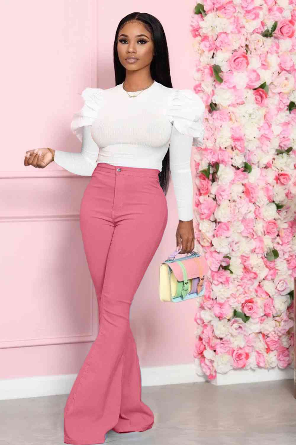 Leg-Of-Mutton - Sleeve Top and Flare Pants Set (7484247179352)