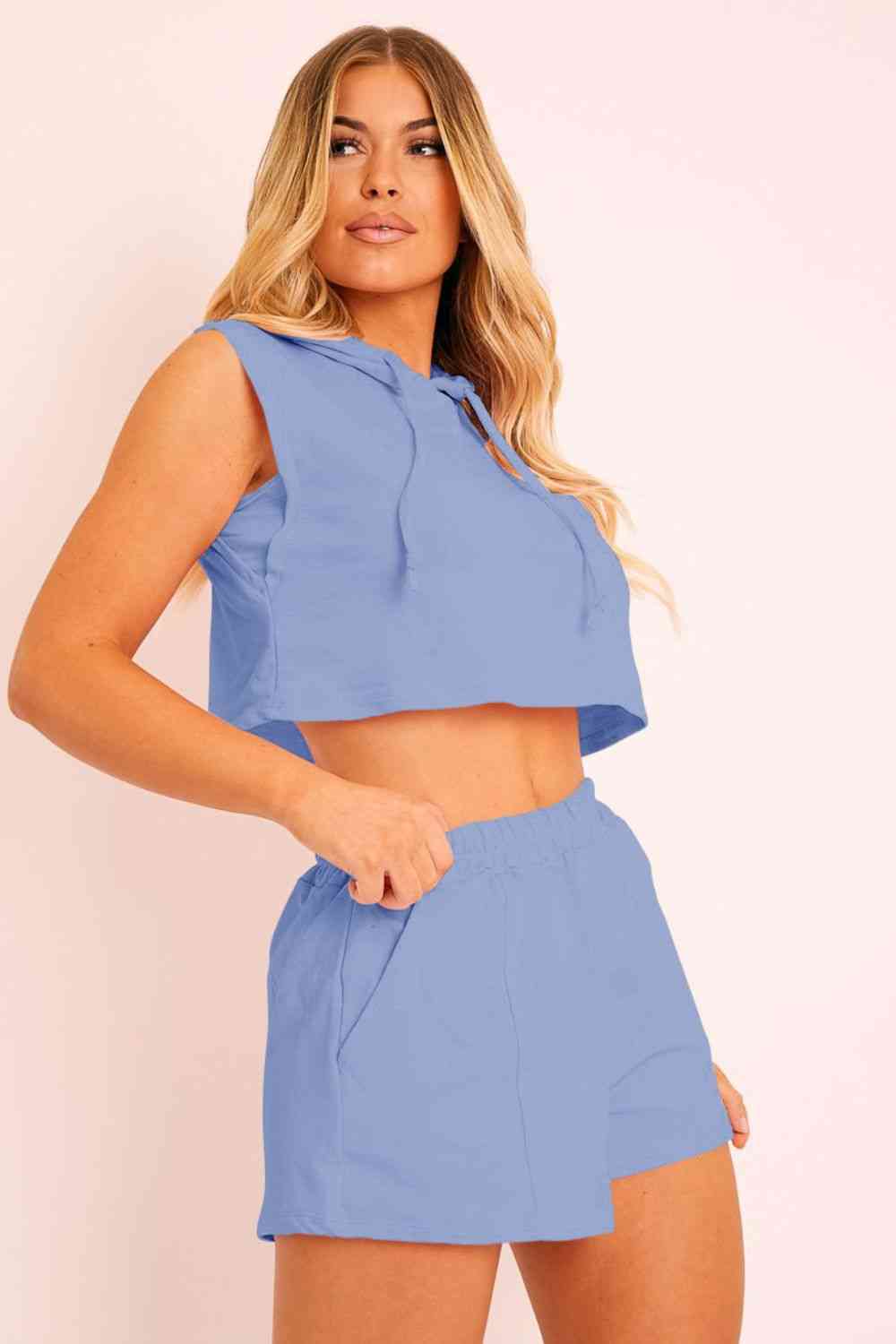 Feelin' Sporty - Hooded Crop Top & Pocketed Shorts Set (7501480034392)