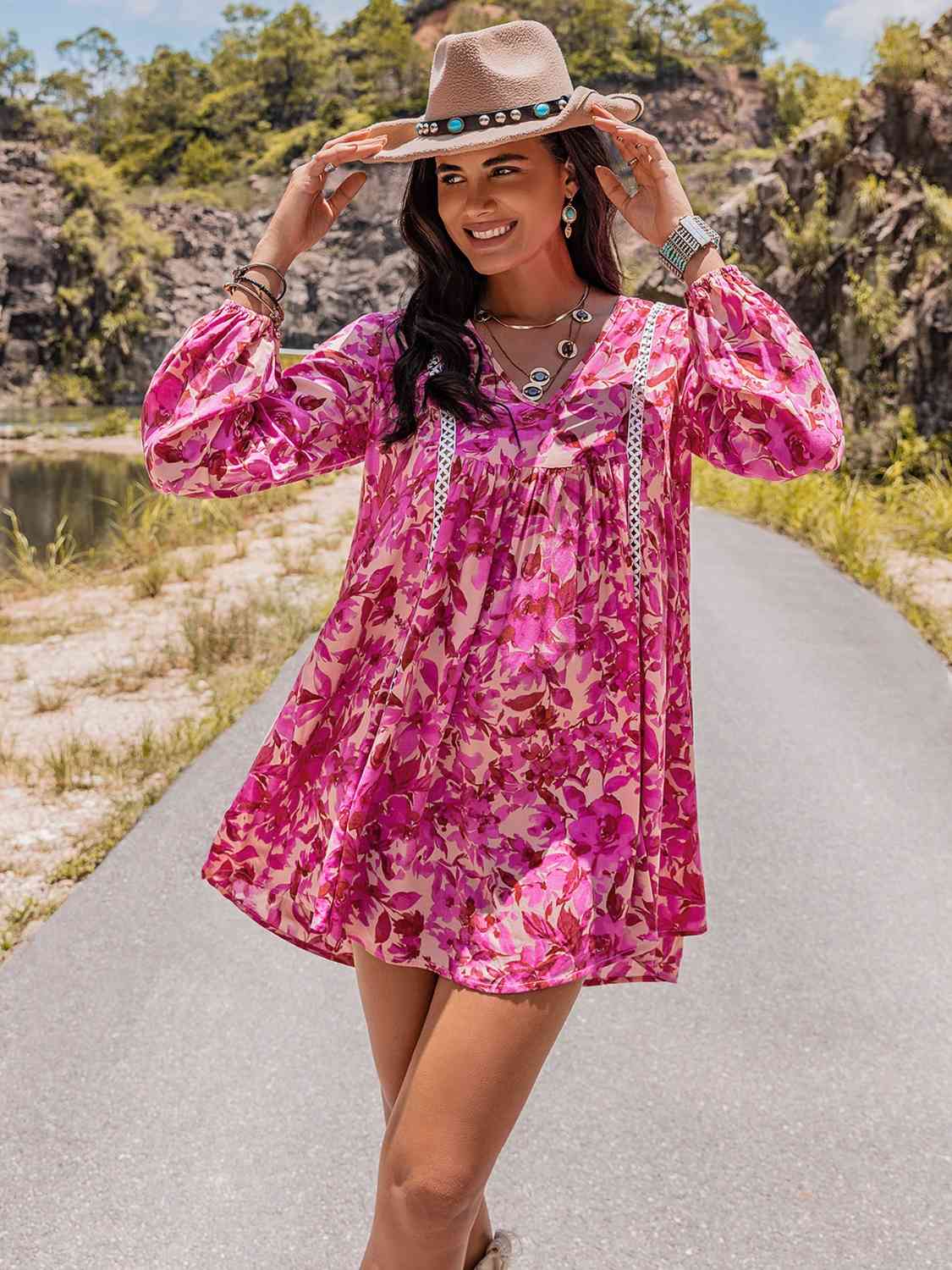 Leaves - Long Sleeves Mini Dress (7505548345432)