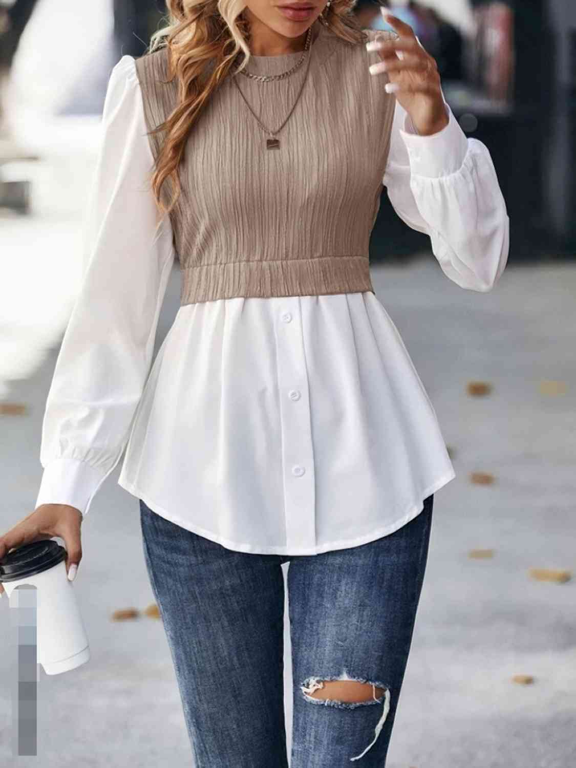 Blouse Like That - Contrast Round Neck Puff Sleeve Blouse (7501314064472)