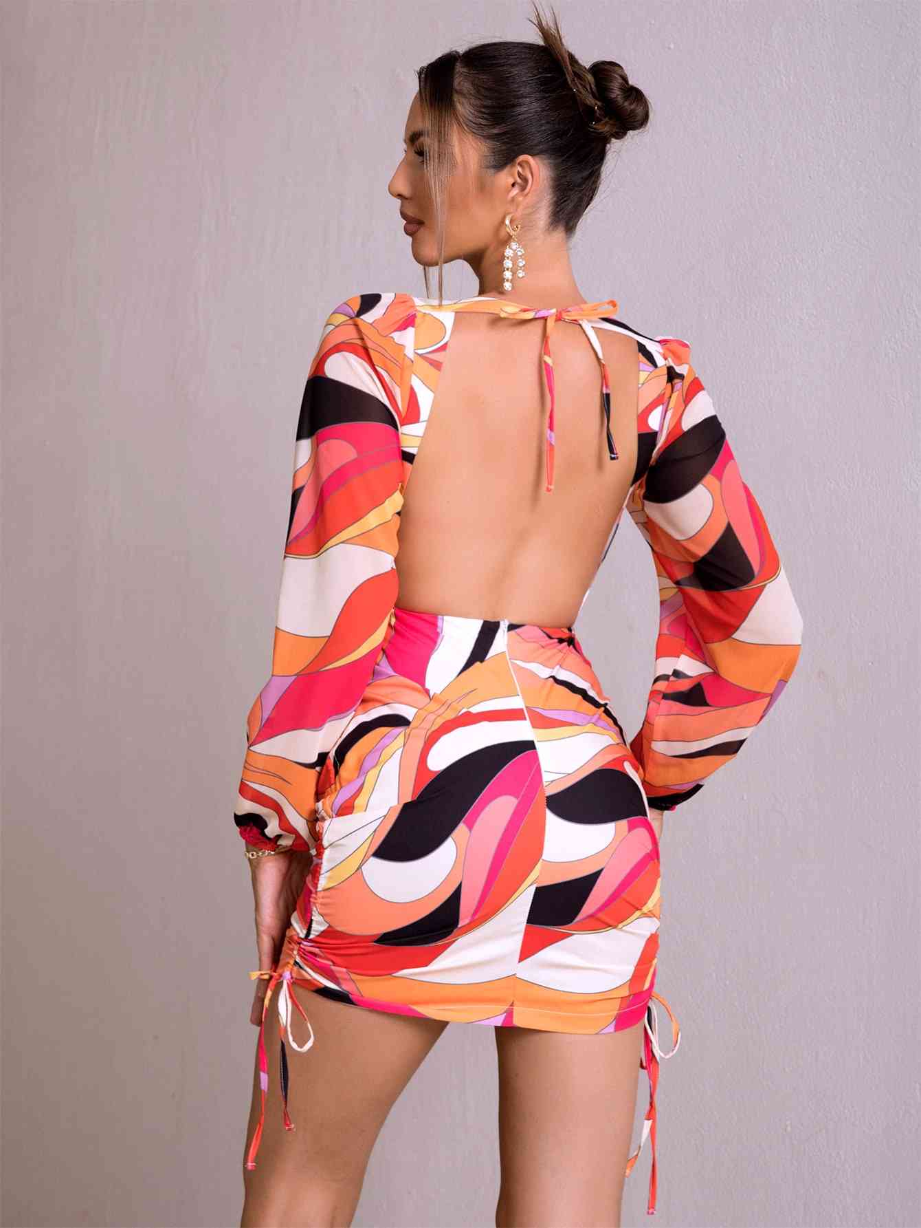 Printed Open Back Cut-Out Drawstrings Mini Dress (7516406186072)