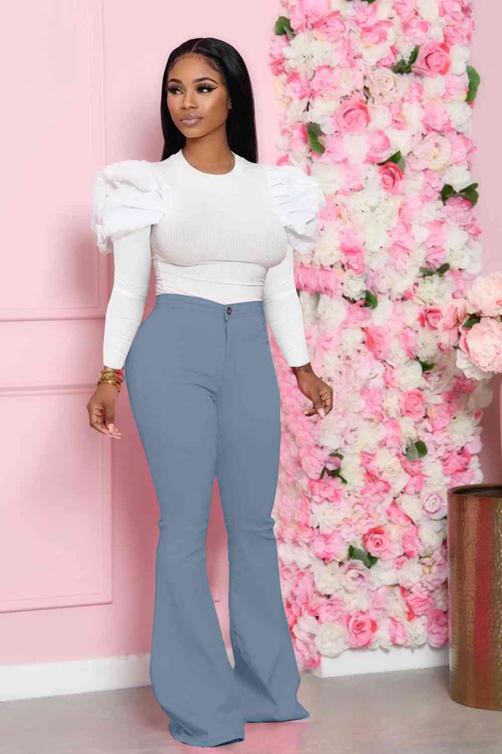 Leg-Of-Mutton - Sleeve Top and Flare Pants Set (7484247179352)