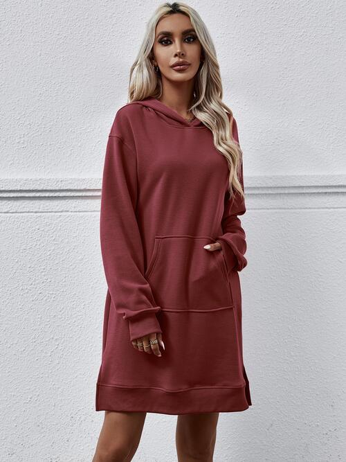 Long Long Sleeves - Slit Hooded Dress With Pocket (7505547559000)